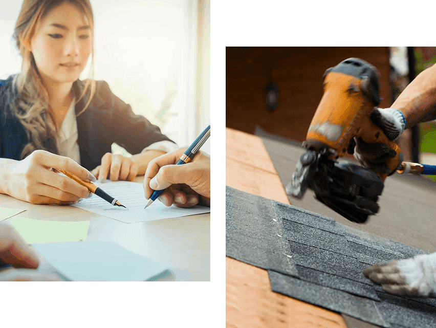 A woman sitting at a table writing on paper and a man working with an electric drill.