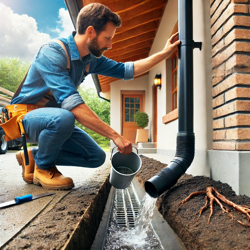 A professional contractor installing a downspout and custom drainage system on a house in San Antonio, TX, ensuring efficient water runoff away from the foundation.