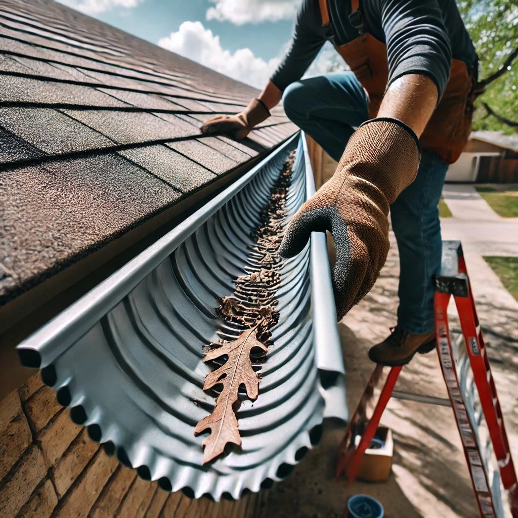 Close-up of a gutter guard system being installed on a house in San Antonio, TX, preventing debris buildup and ensuring clog-free water flow.