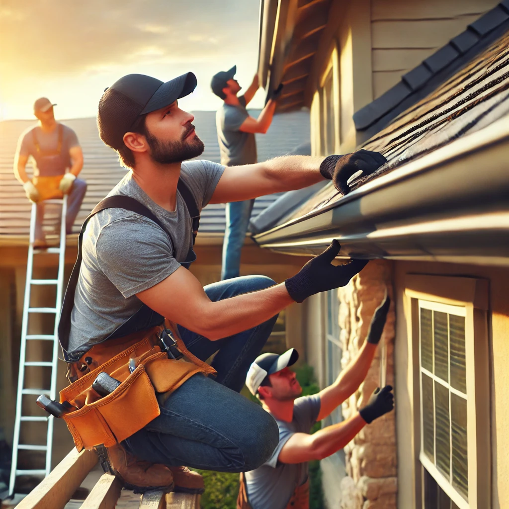 Workers installing seamless gutters on a residential and commercial building in San Antonio, TX, using specialized tools to ensure a perfect fit and leak-free performance.